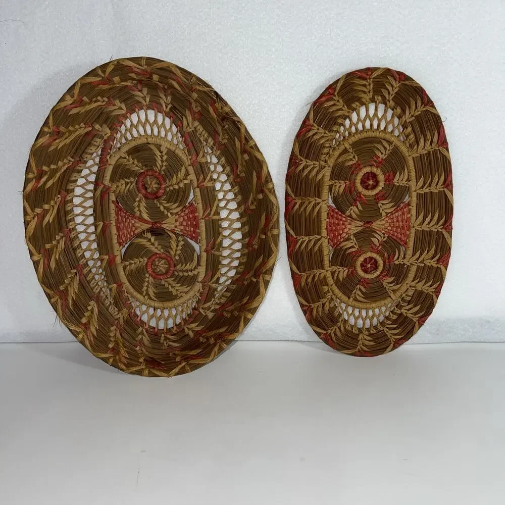 Handmade‎ Native American Pine Needle Basket & Trivet Set -  Pink Stitch